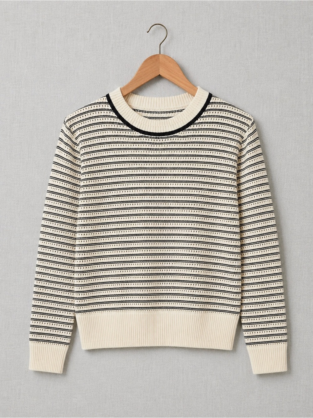 Northern Reflections Cream & Black Striped Knit Crewneck Sweater